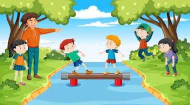 Parktaki resimde dengede duran çocuklar