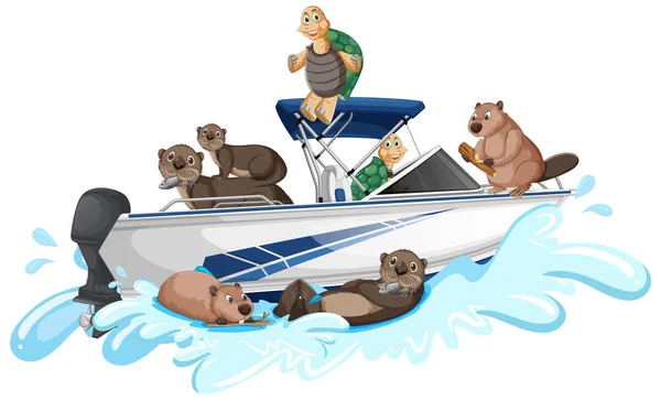 Group Amphibian Animals Speedboat Illustration — Stockvektor