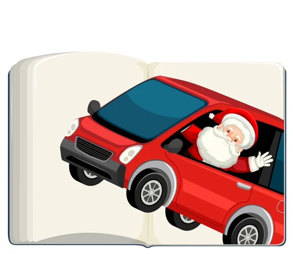 Ouvert Livre Blanc Avec Père Noël Dans Illustration Voiture — Image vectorielle