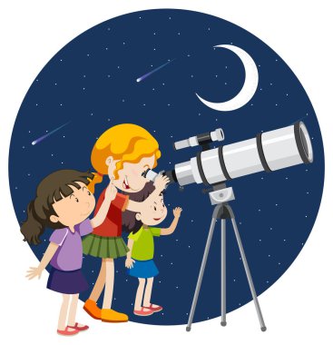 Mutlu çocuklar gece gökyüzünü teleskopla izlerler.