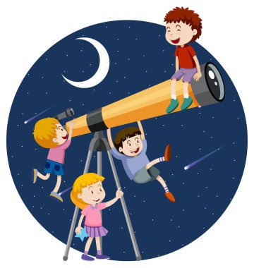 Mutlu çocuklar ve teleskop gece çizimleri