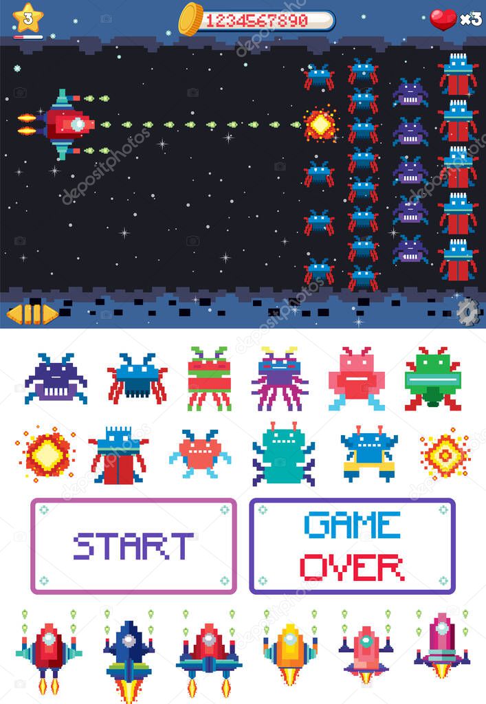 Platform game interface design with icons isolated illustration