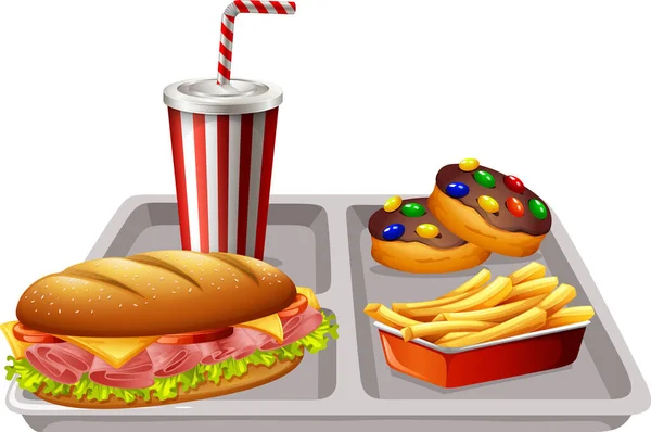 Fast Food Refeição Definida Fundo Branco Ilustração — Vetor de Stock