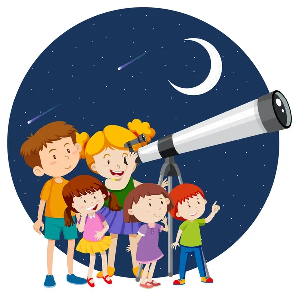 Niños Felices Observan Cielo Nocturno Con Ilustración Telescopio — Archivo Imágenes Vectoriales