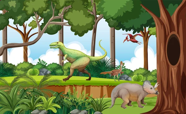 Floresta Pré Histórica Com Ilustração Desenhos Animados Dinossauro —  Vetores de Stock