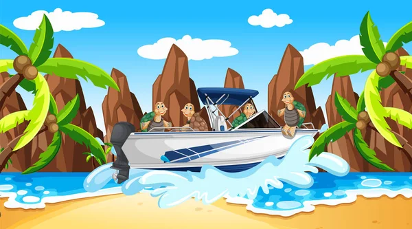 Strandscen Med Sköldpaddor Motorbåt Illustration — Stock vektor