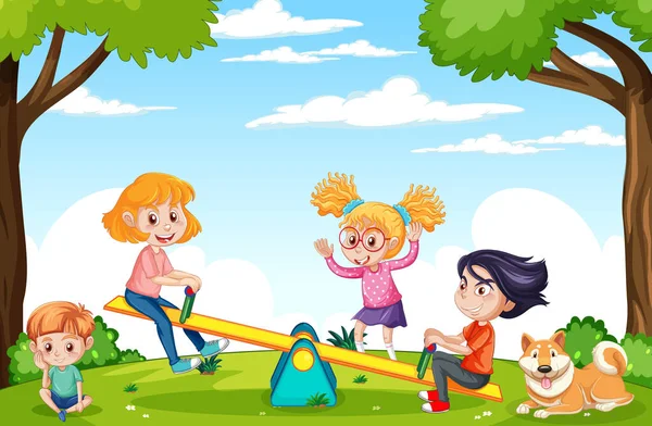 遊び場で遊ぶ幸せな子供たちイラスト — ストックベクタ