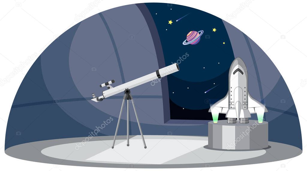 Astronomy theme with telescope and spaceship illustration