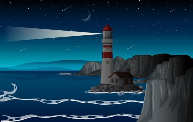 Sahildeki deniz feneri gece illüstrasyonu