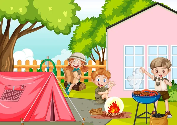 Backyard Camping Kids Illustration — Stock Vector