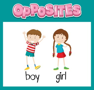 Erkek ve kız resimli karşıt İngilizce kelimeler