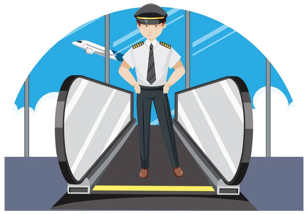 Pilot Moving Walkway Airport Illustration — Stock Vector