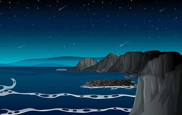 Cliffside Strand Nachts Scène Illustratie — Stockvector