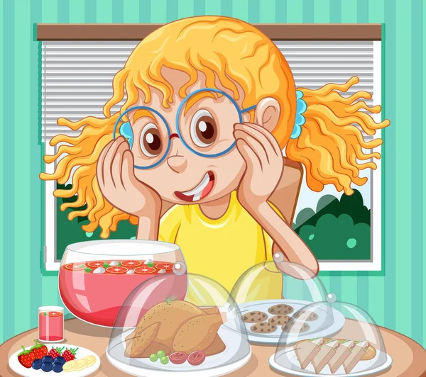Happy Girl Enjoying Meal Table Illustration — Stock Vector