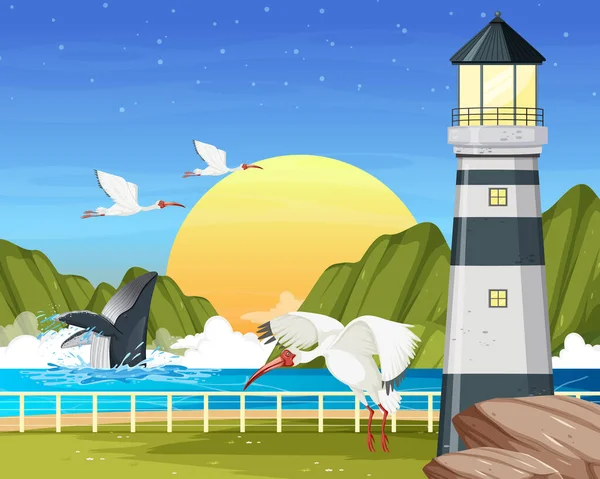 Sahil Manzaralı Deniz Feneri Amerikan Beyaz Aynalı Kuşların Resimleriyle Dolu — Stok Vektör