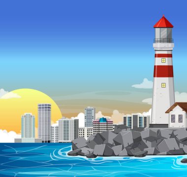 Sahildeki deniz feneri, şafak vakti.