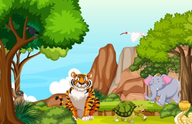 Orman illüstrasyonunda çeşitli hayvanlar