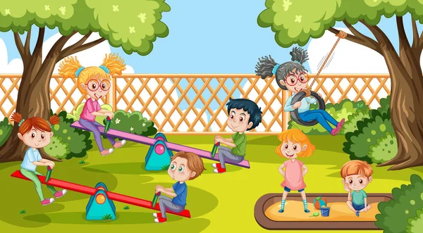 Crianças Felizes Brincando Playground Ilustração — Vetor de Stock