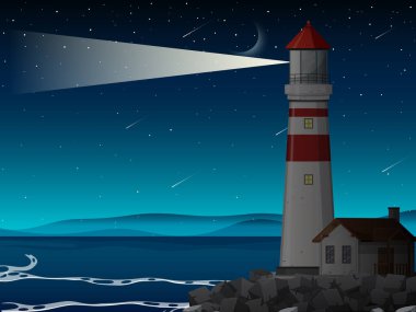 Sahildeki deniz feneri gece illüstrasyonu