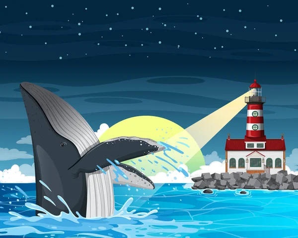 Phare Sur Côte Baleine Dans Mer Illustration — Image vectorielle