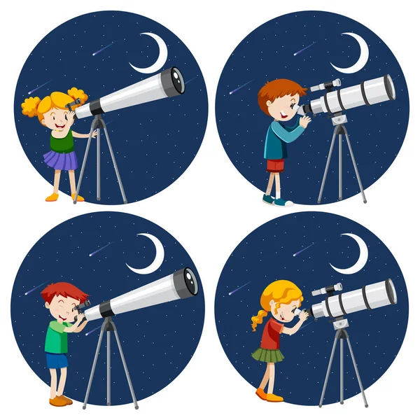 Set Van Verschillende Kinderen Kijkend Door Telescoop Nachts Illustratie — Stockvector