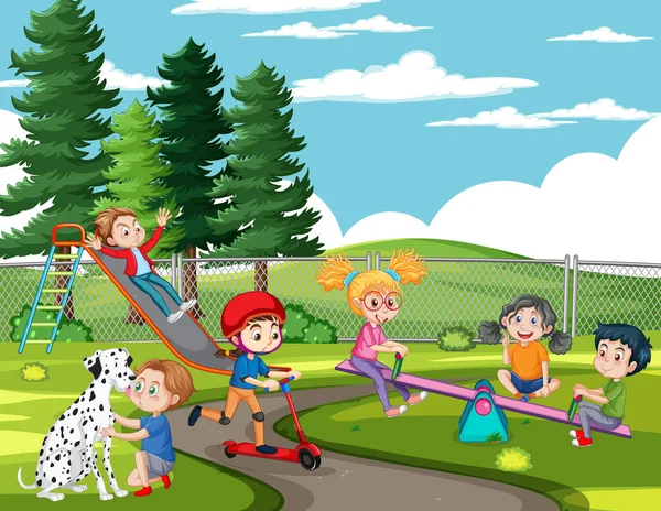 Glückliche Kinder Spielen Auf Spielplatz Illustration — Stockvektor