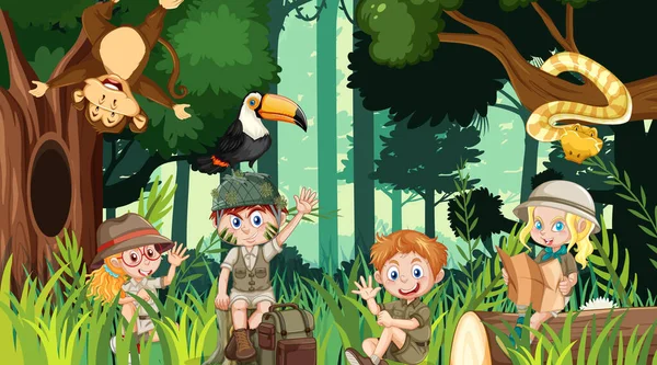 Escursioni Dei Bambini Nella Foresta Illustrazione — Vettoriale Stock