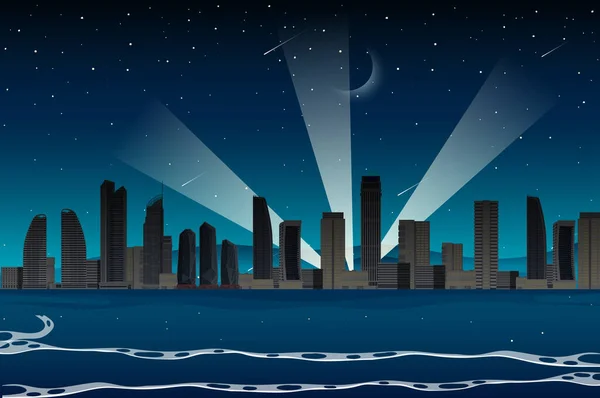 Strand Stadt Bei Nacht Szene Illustration — Stockvektor