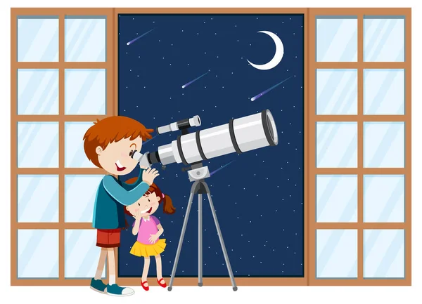Barn Observera Natthimmel Med Teleskop Illustration — Stock vektor