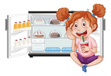 Aç kız buzdolabının önünde yemek yemekten hoşlanır.