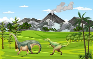 Dinozor resimli dağlardaki ağaçların olduğu doğa sahnesi