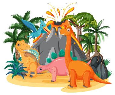 Dinozor resimleriyle izole edilmiş tarih öncesi orman.