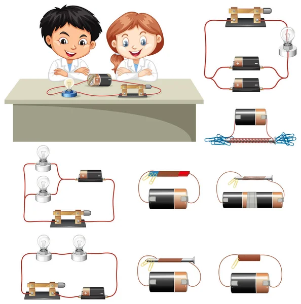 Estudante Crianças Aprenderam Sobre Ilustração Componente Circuito Elétrico — Vetor de Stock