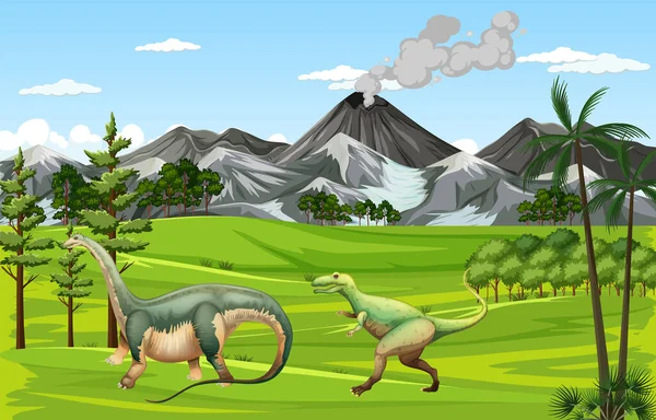 Escena Natural Con Árboles Las Montañas Con Ilustración Dinosaurios — Archivo Imágenes Vectoriales
