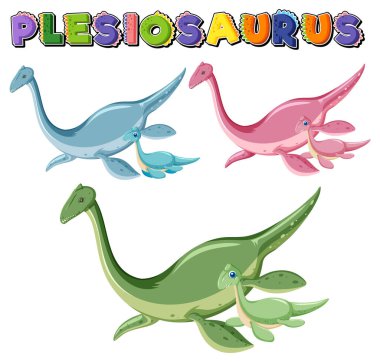 Plesiosaurs kelime logosu ve dinozor çizgi film çizimleri.