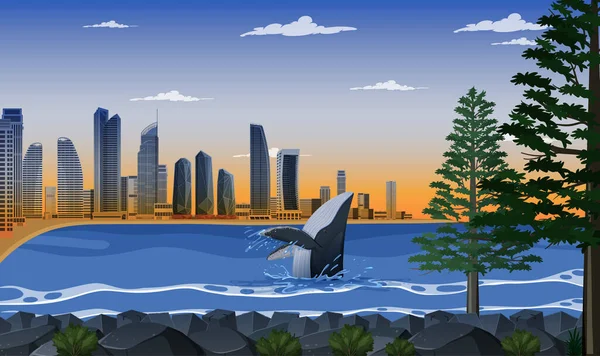 Beach Stad Gryningen Bakgrund Illustration — Stock vektor