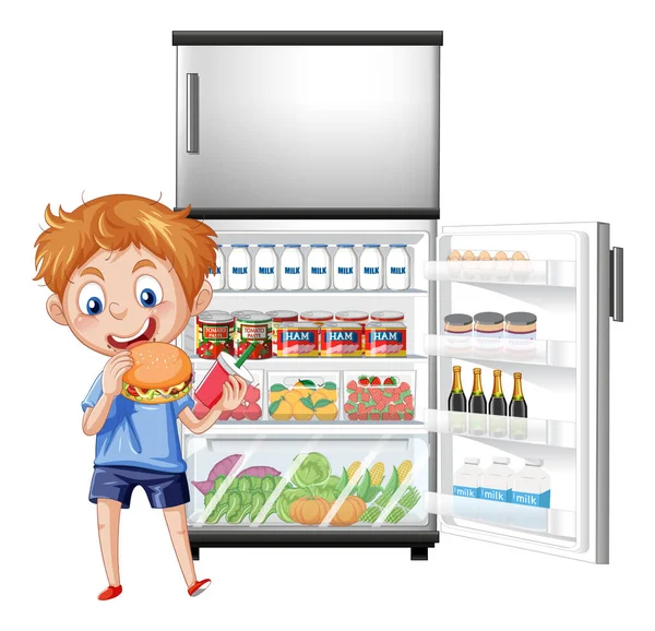 Muchacho Hambriento Disfrutar Comer Delante Del Refrigerador Ilustración — Archivo Imágenes Vectoriales