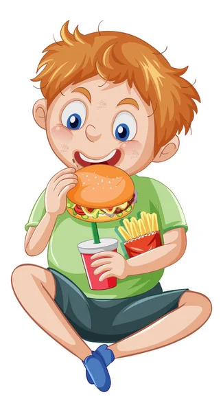 Een Jongen Genieten Van Eten Fast Food Illustratie — Stockvector