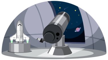 Teleskop ve uzay gemisi çizimi ile astronomi teması