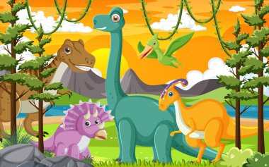Orman illüstrasyonundaki şirin dinozor grubu.