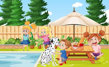 Çocuklar arka bahçedeki resimlerde faaliyet gösteriyor.