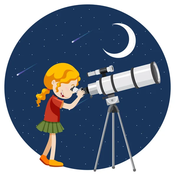 一个女孩透过望远镜看夜间插图 — 图库矢量图片