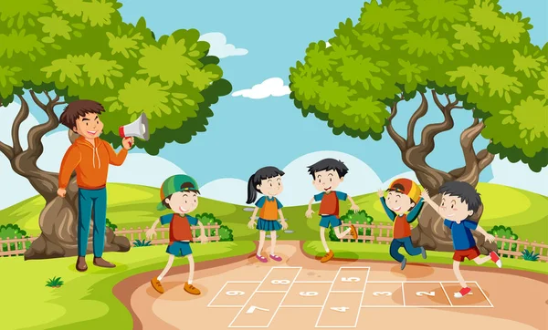 Niños Jugando Hopscotch Juego Parque Ilustración — Vector de stock