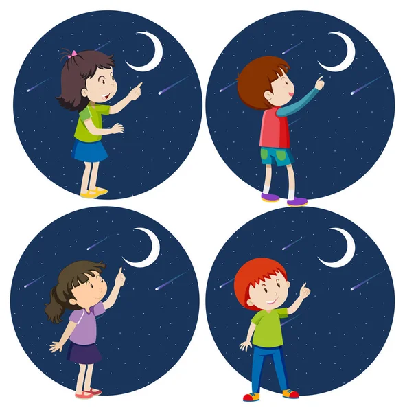 Set Diversi Bambini Che Puntano Dito Verso Illustrazione Della Luna — Vettoriale Stock