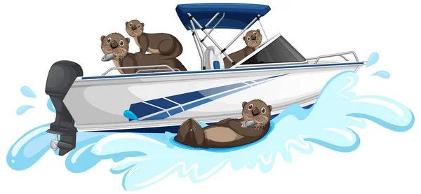 Groep Otters Speedboot Illustratie — Stockvector