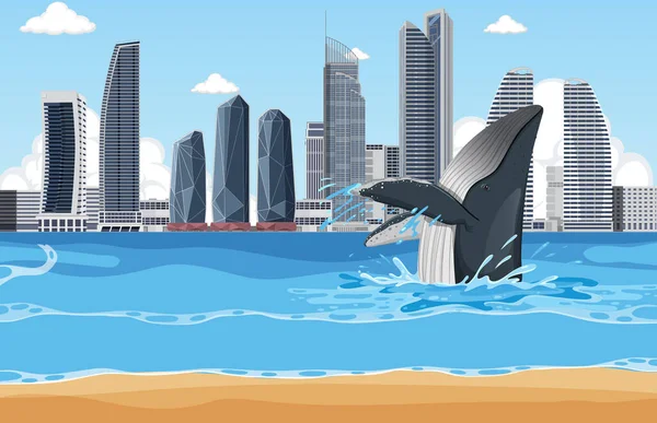 Bultrug Walvis Stad Illustratie — Stockvector