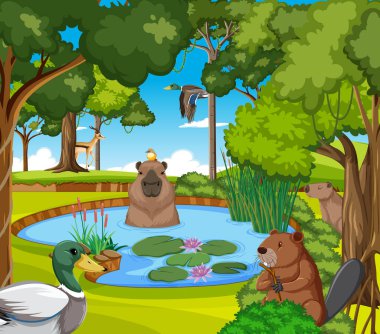 Orman illüstrasyonunda çeşitli hayvanlar