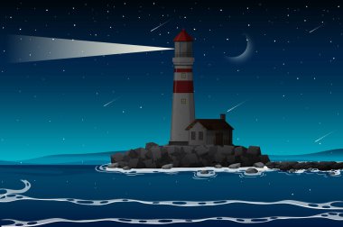 Sahildeki deniz feneri gece illüstrasyonu