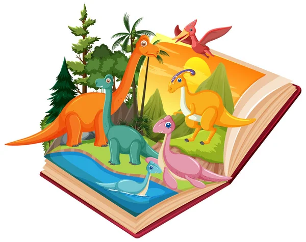 Livro Aberto Com Dinossauro Ilustração Cena Florestal Pré Histórica — Vetor de Stock