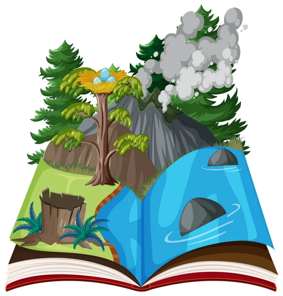Opened Book Prehistoric Forest Illustration — Stock Vector